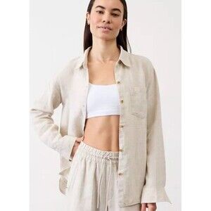 Athleta Retreat Women’s L High Rise Linen Ankle Pant & Shirt Suit Beige